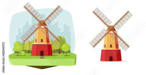 Mill dutch farm vector flour windmill flat graphic design illustration on field and isolated clipart cartoon image, wooden old retro wind fan scene clip art photo