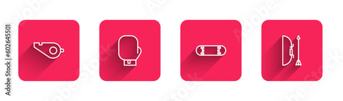 Set line Whistle, Boxing glove, Skateboard trick and Bow and arrow quiver with long shadow. Red square button. Vector