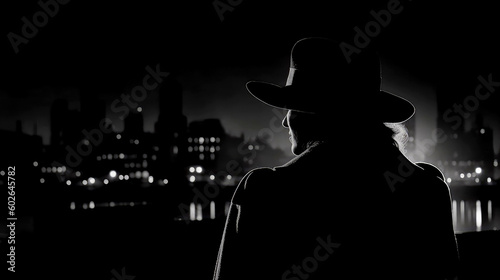 A cityscape shot in deep shadow, with a single source of light illuminating the silhouette of a detective or femme fatale photo