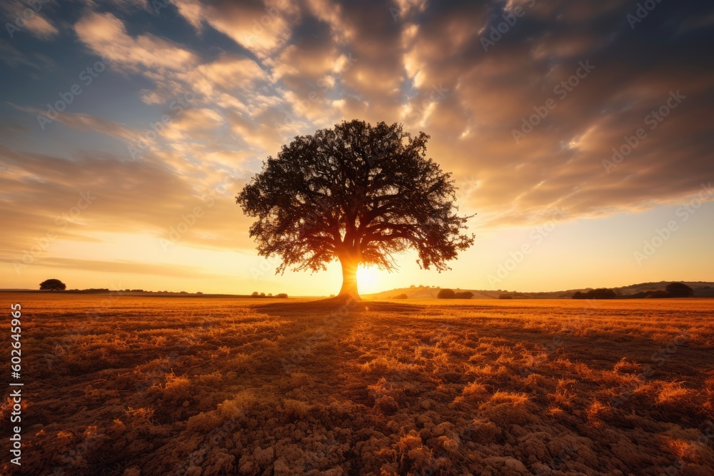 a solitary tree in a vast field during a beautiful sunset, Generative AI