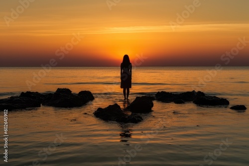 a silhouette standing on rocks in the water at sunset, Generative AI