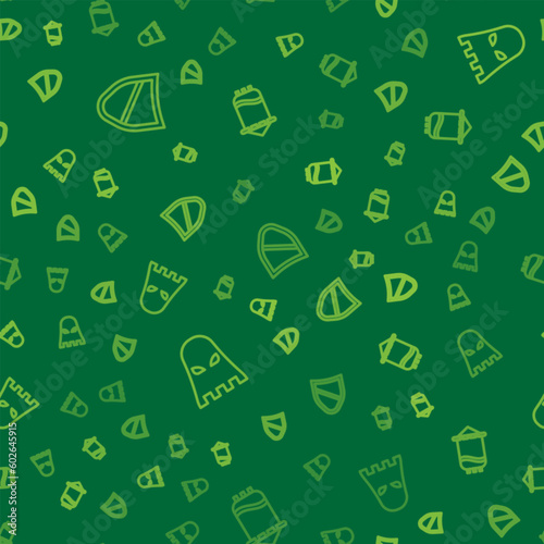 Set line Shield, Executioner mask and Medieval flag on seamless pattern. Vector