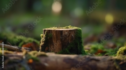 Wooden stump podium on nature and forest background.