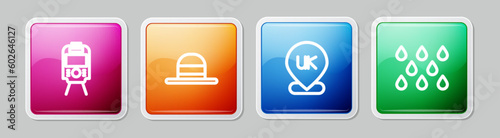 Set line Tram and railway, Elegant women hat, Location England and Water drop. Colorful square button. Vector