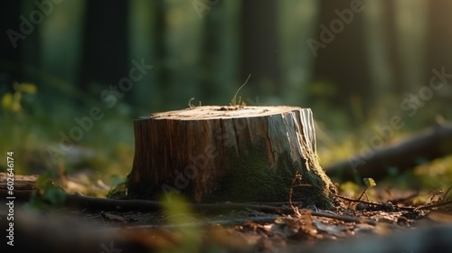 Wooden stump podium on nature and forest background.