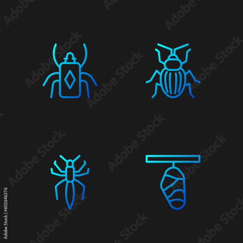 Set line Butterfly cocoon, Spider, Beetle bug and Chafer beetle. Gradient color icons. Vector