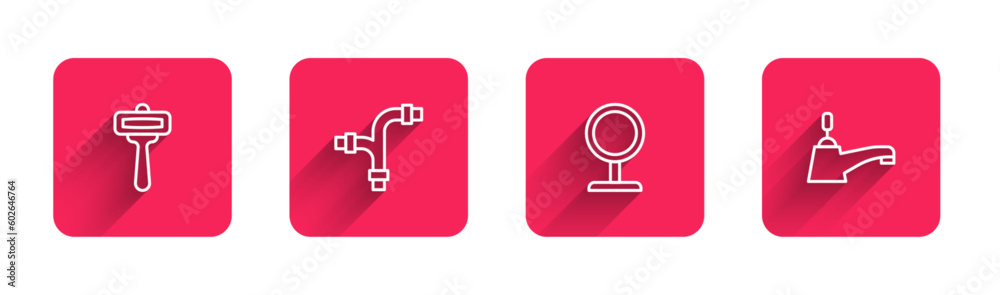 Set line Shaving razor, Industry metallic pipe, Round makeup mirror and Water tap with long shadow. Red square button. Vector Set line Shaving razor, Industry metallic pipe, Round makeup mirror and Water tap with long shadow. Red square button. Vector
