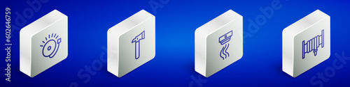 Set Isometric line Ringing alarm bell, Firefighter axe, Smoke system and hose reel icon. Vector