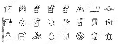 Gas, electricity, water public utilities line icon set. Editable stroke illustration