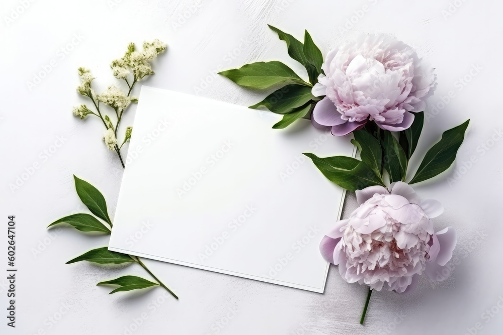 Blank White Card On White Background With Peonies Postcard. Generative AI