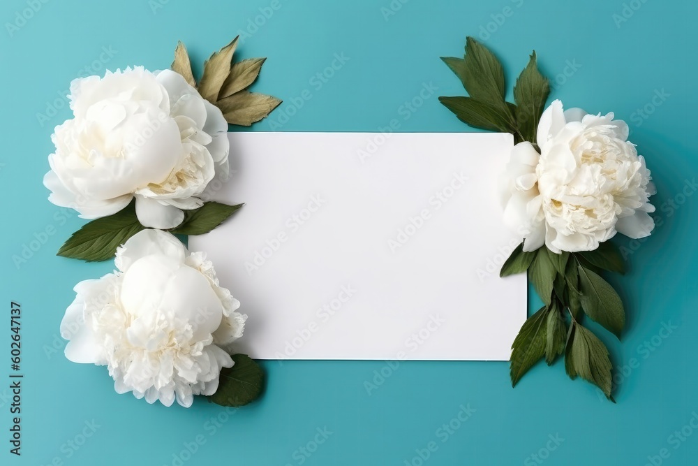 Blank White Card On Turquoise Background With Peonies Postcard. Generative AI