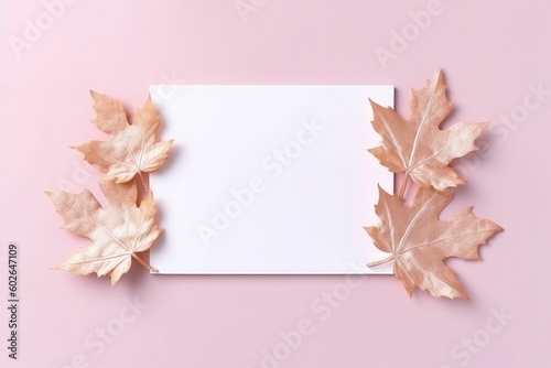 Blank White Card On Pink And Gold Background With Maple Leaves Postcard. Generative AI