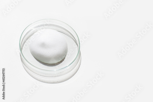 White foam in a Petri dish on a light background.