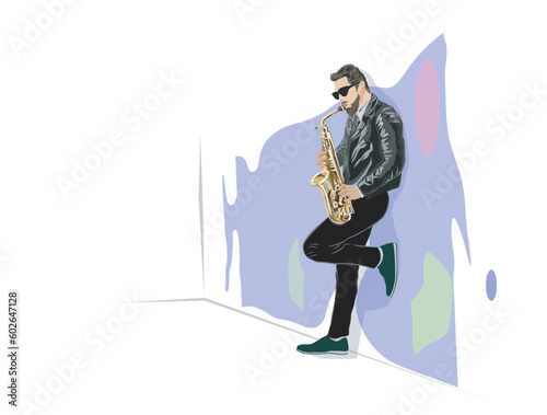 Saxophone player illustration. a man playing adolphe sax