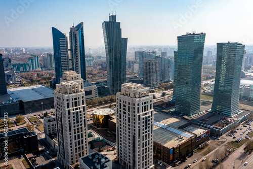 View of city center of Nur Sultan, the capital of Kazakhstan. Shooting from drone in Astana