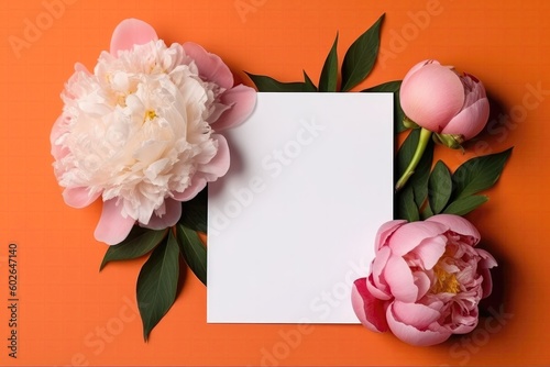 Blank White Card On Orange And Pink Background With Peonies Postcard. Generative AI