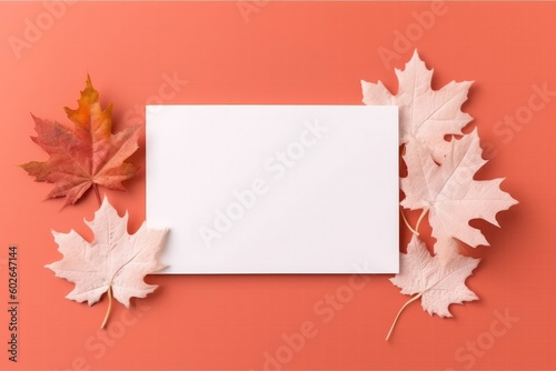 Blank White Card On Coral Background With Maple Leaves Postcard. Generative AI