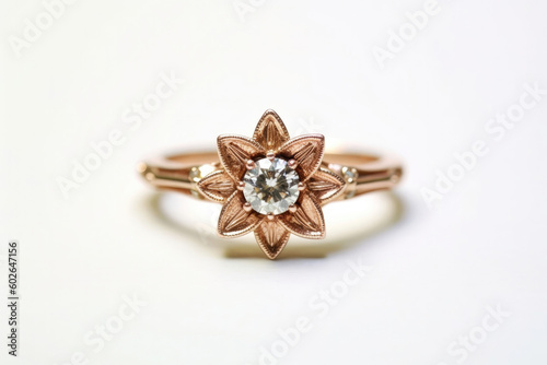 A Vintagestyle Ring With An Intricate Floral Design And Diamond White Background. Generative AI
