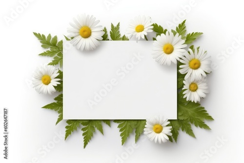 Blank White Card On White Background With Chamomile Postcard. Generative AI © Ян Заболотний