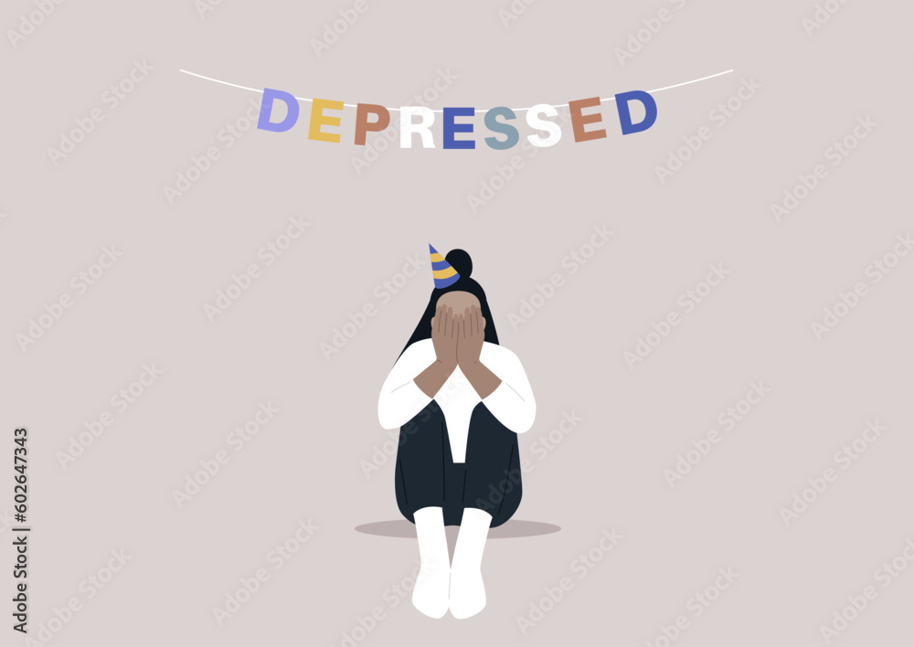 Sad birthday party, a character with sitting on the floor with hands covering their face, a garland with colorful letters reading depressed, emotional challenge Sad birthday party, a character with sitting on the floor with hands covering their face, a garland with colorful letters reading depressed, emotional challenge