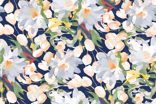 bright contrast multicolored floral pattern with brush strokes of paint