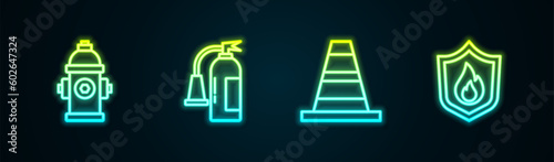 Set line Fire hydrant, extinguisher, Traffic cone and protection shield. Glowing neon icon. Vector
