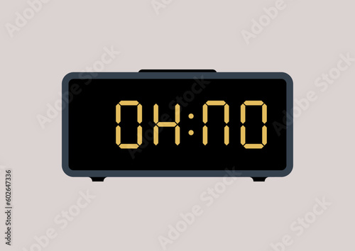 Alarm clock with letters reading OH NO instead of regular digits, home gadgets