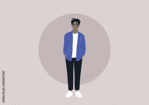 A full body portrait of a young adult wearing casual clothes, a daily routine scene
