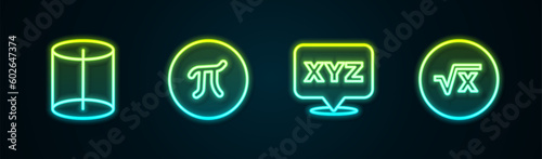 Set line Geometric figure, Pi symbol, XYZ Coordinate system and Square root of x glyph. Glowing neon icon. Vector