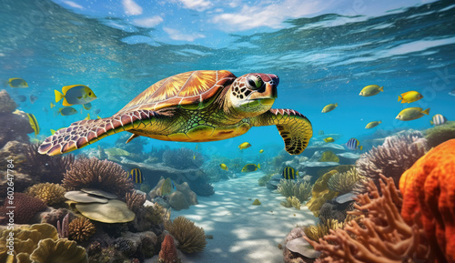 Underwater Harmony: Dive into the Mesmerizing Realm of a Turtle and Fish Swimming in Perfect Synchrony AI Generative