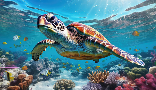 Underwater Harmony: Dive into the Mesmerizing Realm of a Turtle and Fish Swimming in Perfect Synchrony AI Generative © Mr. Bolota