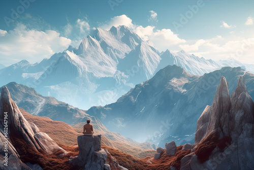 Tiny human figure meditates on the edge of a cliff, surrounded by an amazing mountain landscape. Generative AI.