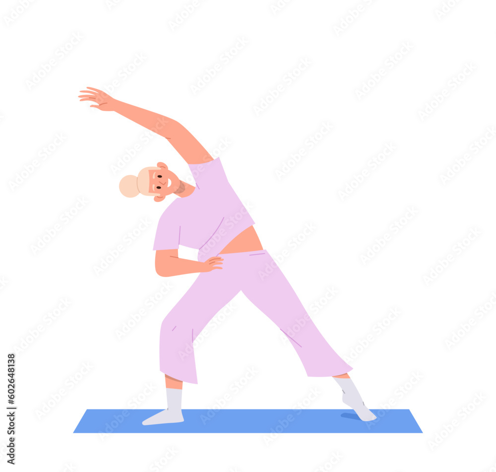 Flat cartoon young sportive woman character training doing fitness stretching standing on yoga matt