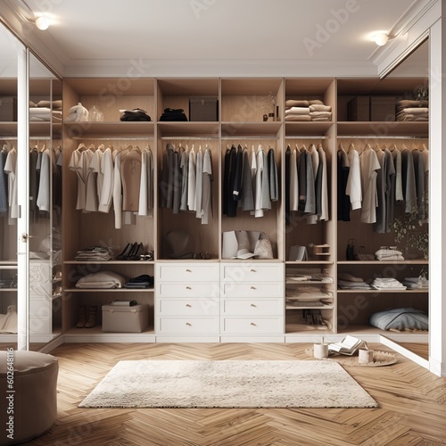 Big elegant wardrobe with clothes in dressing room. generative ai © VirgoStudio