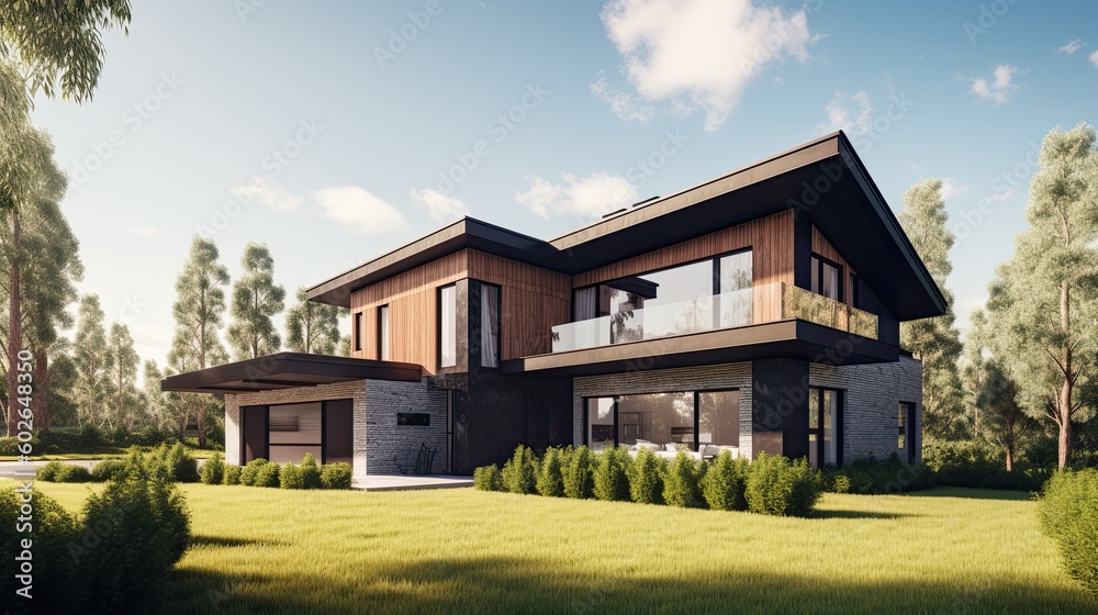 A Contemporary & Luxurious 3D Illustration of a Newly Built Home Exterior with a Beautiful Entrance & Garden, Generative AI A Contemporary & Luxurious 3D Illustration of a Newly Built Home Exterior with a Beautiful Entrance & Garden, Generative AI