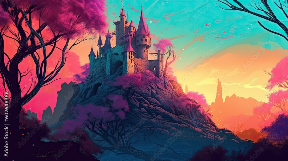 A Digital Illustration of a Magical Castle Nestled High atop a Hill in a Fairy Tale Forest - A Surreal and Colourful Pop-Art Adventure: Generative AI