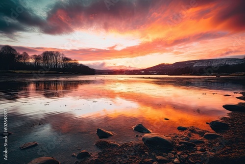 A Beautiful and Vibrant Winter Evening Sunset in the English Countryside: A Calming and Peaceful Mood in the Lake District, England. Generative AI