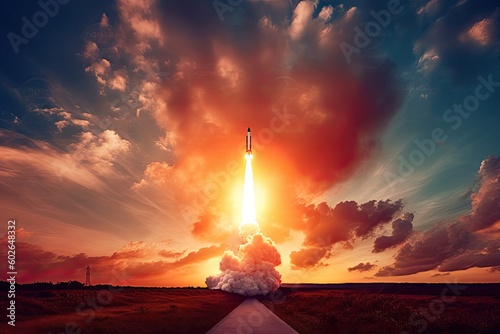 A Fiery Spectacle: Witness a Spectacular Rocket Launch Under a Fantasy Sky, Generative AI