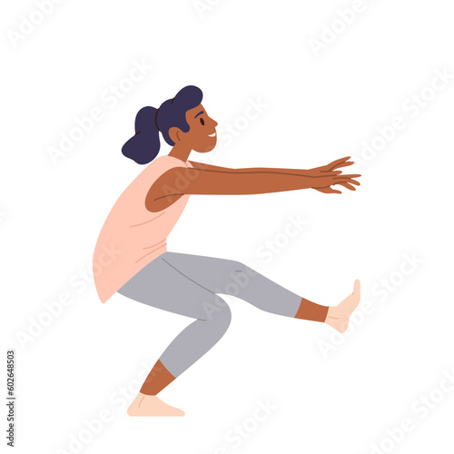 Young happy woman cartoon character practicing yoga fitness exercise isolated on white background