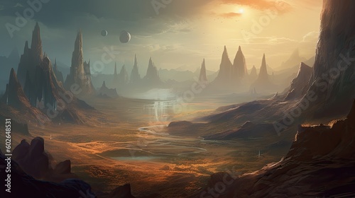 Mysterious Martian Megalopolis: Dreamy Panoramic Design with an Earth Colony in the Background. Generative AI