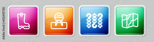 Set line Waterproof rubber boot, Barbecue grill, Grilled shish kebab on skewer and Camping and hiking map. Colorful square button. Vector