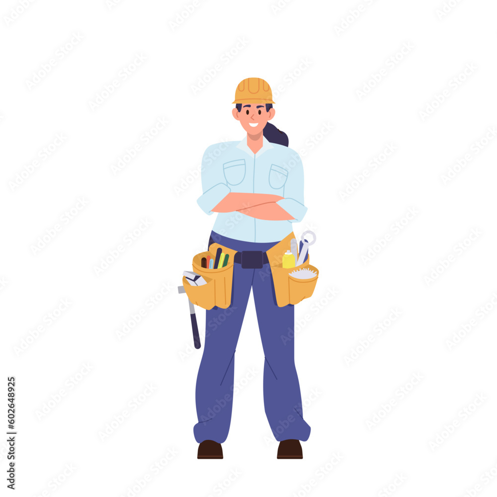 Confident smiling woman repair technician worker flat cartoon character portrait isolated on white Confident smiling woman repair technician worker flat cartoon character portrait isolated on white