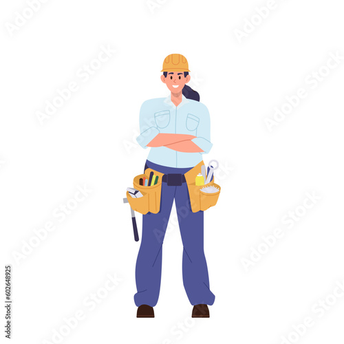 Confident smiling woman repair technician worker flat cartoon character portrait isolated on white © Iryna Petrenko