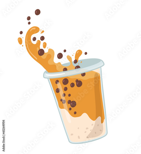 Bubble milk tea with tapioca pearls. Milkshake with splash vector illustration