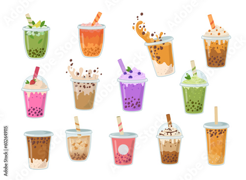 Set of bubble milk tea with tapioca pearls. Asian Taiwanese beverage. Summer yummy cold drinks. Milkshake with splash vector illustration