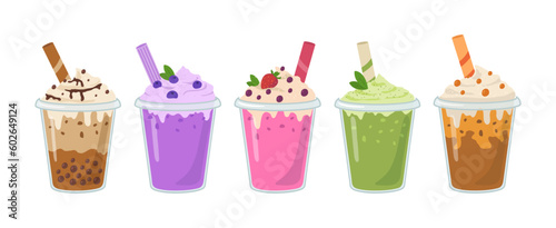 Tasty colorful ice cream vector illustration. Ice-cream with berry, chocolate, caramel, matcha isolated on white background