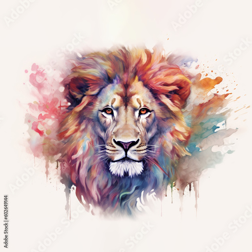 A watercolor painting of a lion"s face. Generative AI. © Friedbert