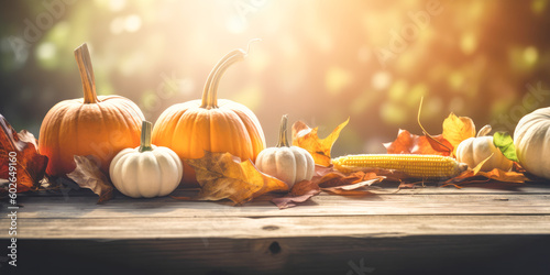 Pumpkins And Leaves On Rustic Wooden Table Top Against Autumn Background. Thanksgiving or Harvesting Concept. Generative AI. 