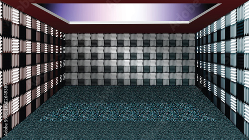Studio recording room illustration with soundproofing wall. 3D virtual deep perspective. Empty recording room with sound reducing texture.