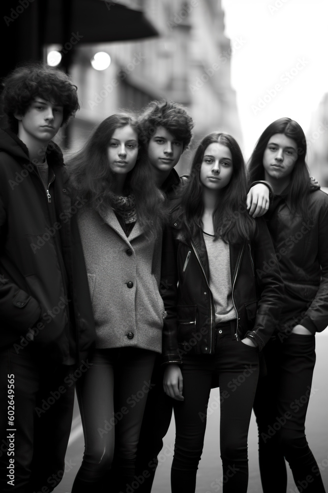 A group of young people standing next to each other. Generative AI. Imaginary street photography. A group of young people standing next to each other. Generative AI. Imaginary street photography.